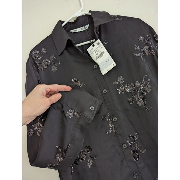 ZARA FLORAL SEQUIN EMBROIDERED SHIRT BLACK XS,S,M,L - Picture 13 of 14